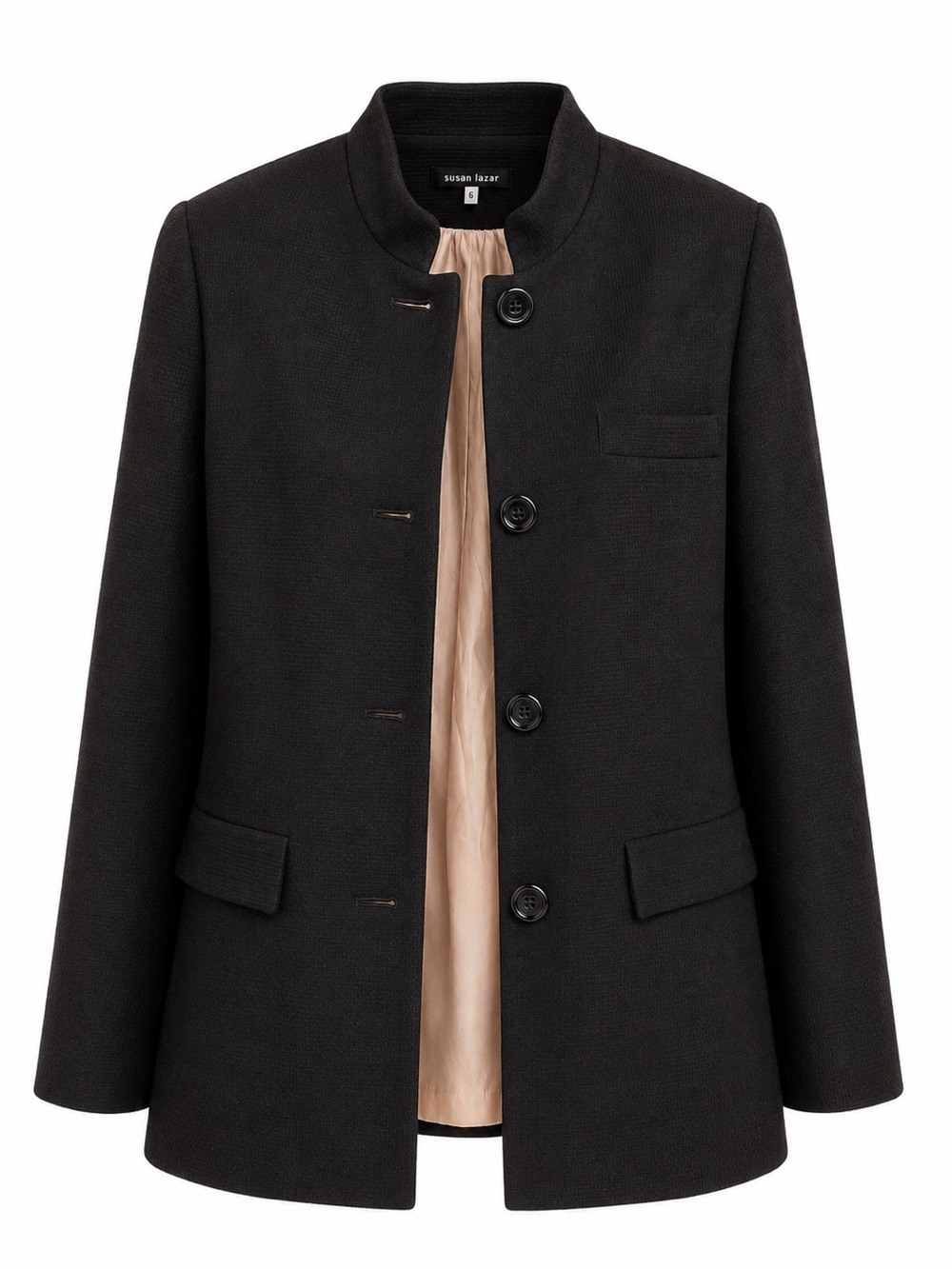 Susan Lazar Black 100% Merino Wool Stand Collar Coat Jacket Size 6